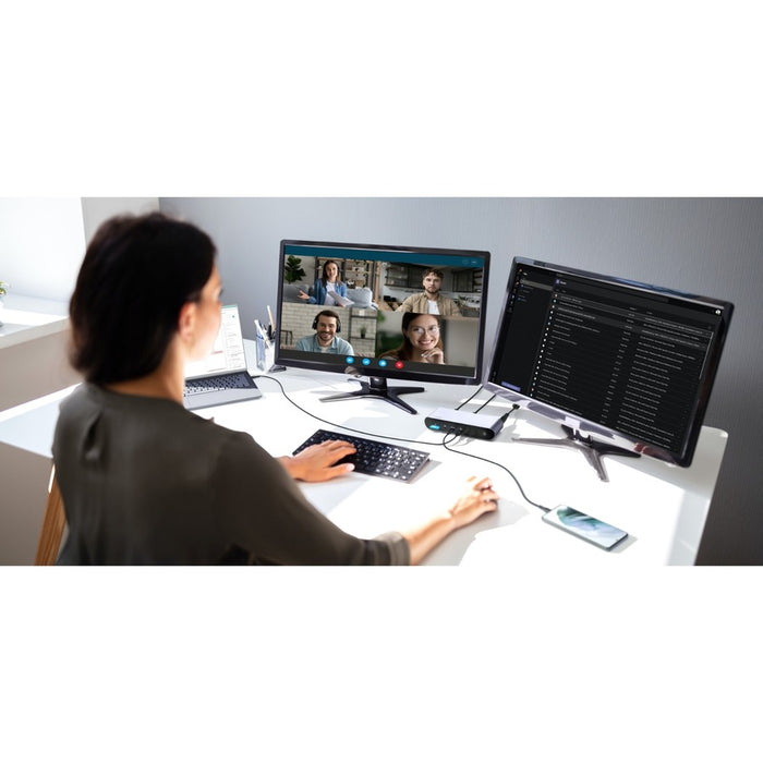 Belkin Thunderbolt 4 Laptop Docking Station - USB C Hub - USB C Docking Station for MacBook & Windows, 90W Power Delivery, Single 8K or Dual 4K Display, w/ Thunderbolt, HDMI, Ethernet, SD and Audio Ports on a desk with two monitors