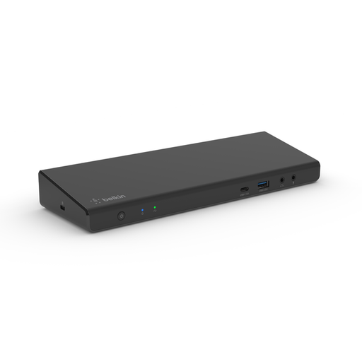 Belkin Triple Display DisplayLink Docking Station Hub with 3 HDMI Ports, 2 DisplayPorts for Triple 4K Display with 85W Power Delivery, Gigabit Ethernet, 3.5mm Mic/Speaker, 1 USB-C and 5 USB-A Ports left front view