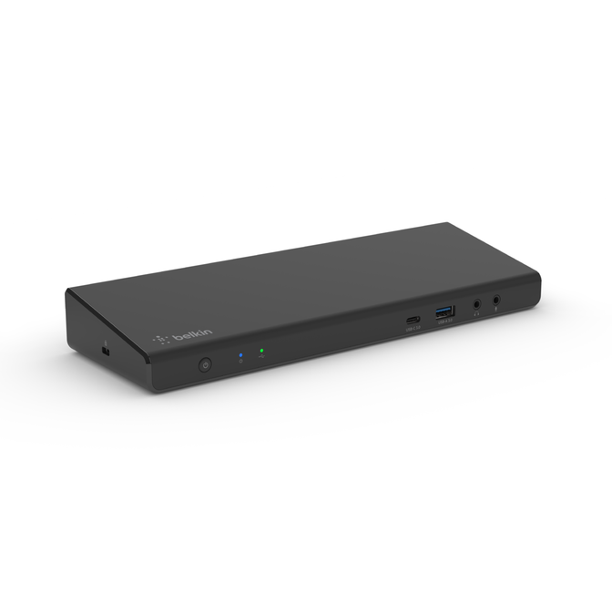 Belkin Triple Display DisplayLink Docking Station Hub with 3 HDMI Ports, 2 DisplayPorts for Triple 4K Display with 85W Power Delivery, Gigabit Ethernet, 3.5mm Mic/Speaker, 1 USB-C and 5 USB-A Ports left front view