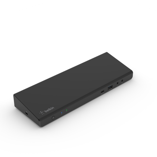 Belkin Triple Display DisplayLink Docking Station Hub with 3 HDMI Ports, 2 DisplayPorts for Triple 4K Display with 85W Power Delivery, Gigabit Ethernet, 3.5mm Mic/Speaker, 1 USB-C and 5 USB-A Ports top left front view