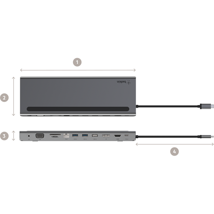 Belkin Univsersal USB-C 11-in-1 Multiport Dock - Laptop Docking station top view and rear view with USB-C cable.