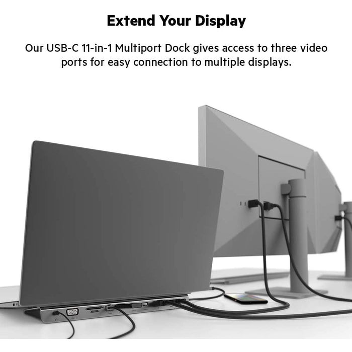 Belkin Univsersal USB-C 11-in-1 Multiport Dock - Laptop Docking station connected to display monitors.