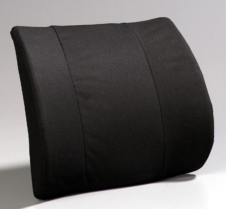 Black lumbar support cushion designed for enhanced back comfort. The cushion features a contoured shape for optimal spine alignment and is upholstered in durable black fabric. Ideal for improving posture and reducing back pain while sitting.