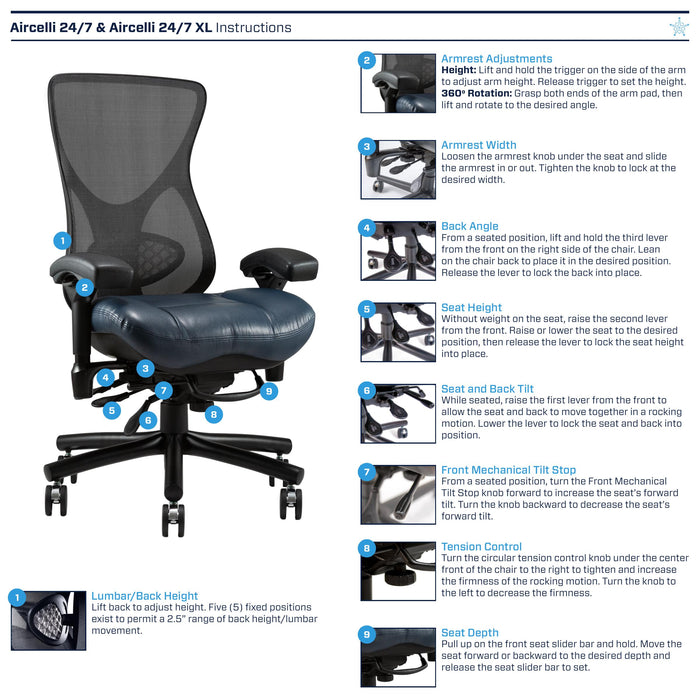 Aircelli 24/7 instructions sheet with pictures of different adjustable settings