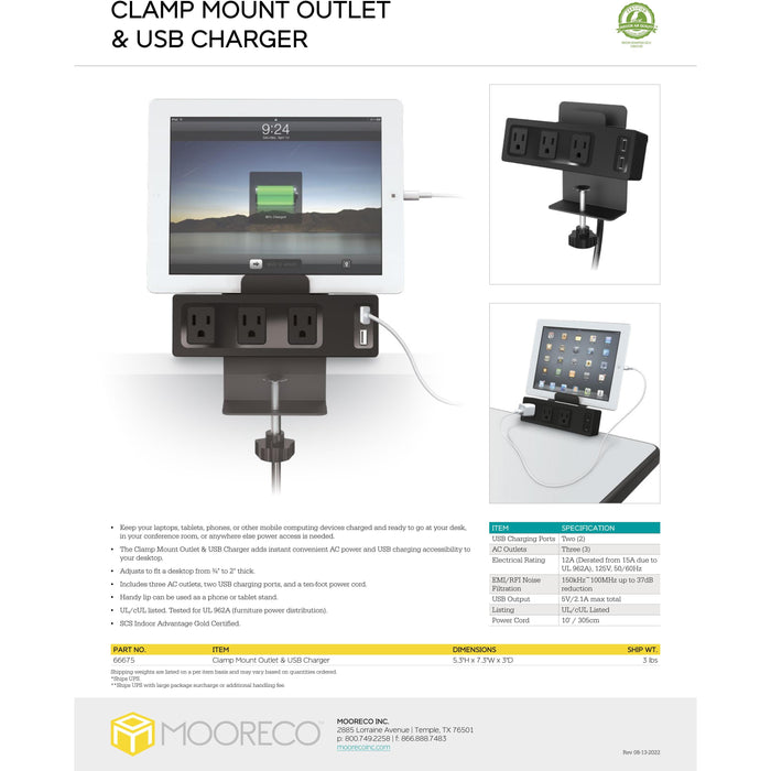 MooreCo Clamp Mount Outlet & USB Charger