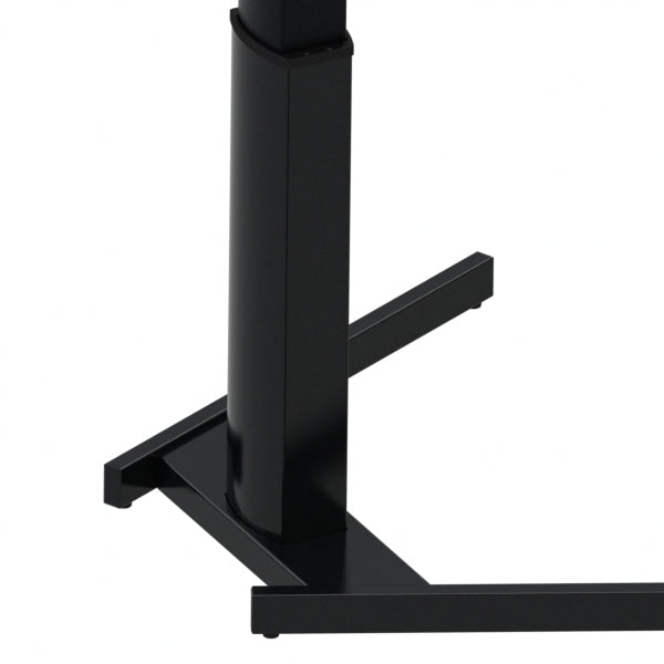 Durable black steel base of a ConSet electronic stand-up desk, featuring a sleek T-shaped design for stable support and effortless height adjustment.
