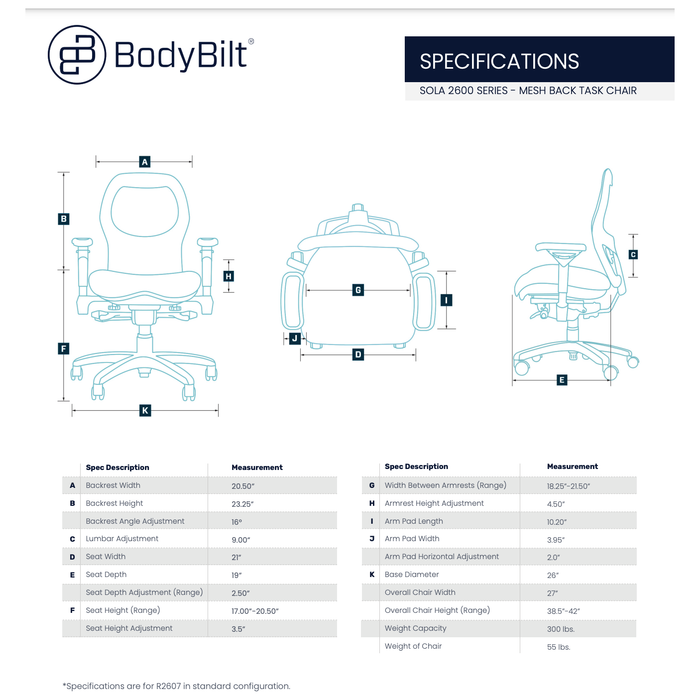 BodyBilt Sola Task Chair Specifications Sheet