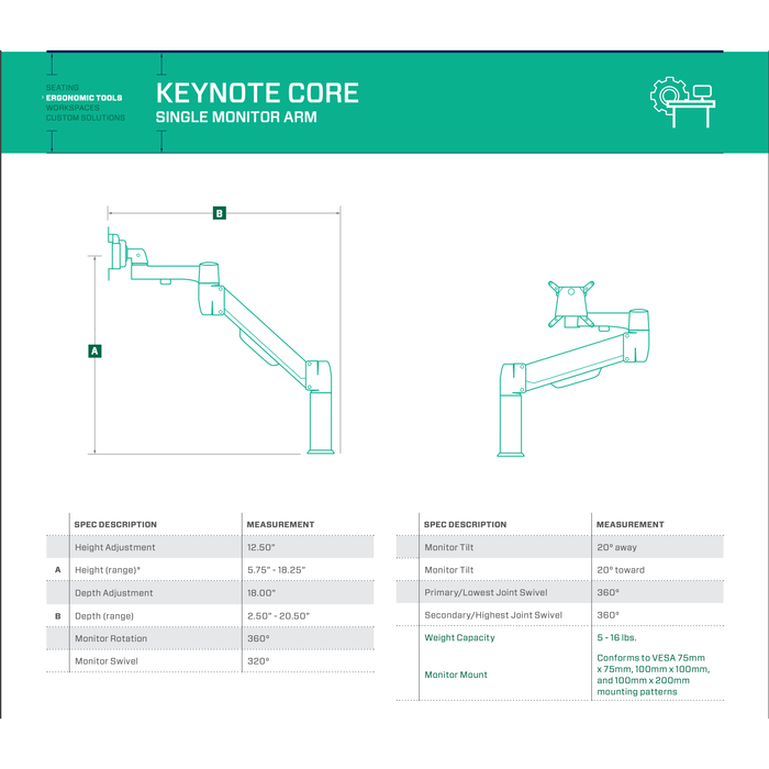 BodyBilt Keynote Core Single Monitor Arm