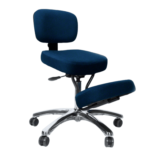 An ergonomic kneeling chair featuring a stylish blue seat, backrest, and knee cushion. The chair is equipped with a polished aluminum star base with five caster wheels for smooth mobility. The chair's structure consists of a robust steel frame, and the upholstery is made from high-quality, durable fabric. The seat, backrest, and knee cushion are padded with memory foam, providing exceptional comfort for extended use.