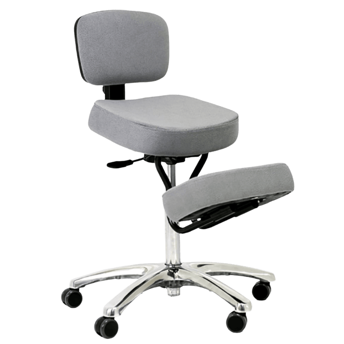 An ergonomic kneeling chair featuring a sleek grey seat, backrest, and knee cushion. The chair has a polished aluminum star base with five caster wheels for easy movement. It includes a gas height adjustment mechanism to customize the seating height and a supportive design that encourages proper posture.