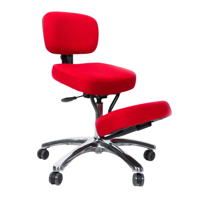 An ergonomic kneeling chair featuring a vibrant red seat, backrest, and knee cushion. The chair has a polished aluminum star base with five caster wheels for easy mobility. It includes a gas height adjustment mechanism for customizable seating height and a supportive design that promotes upright posture.