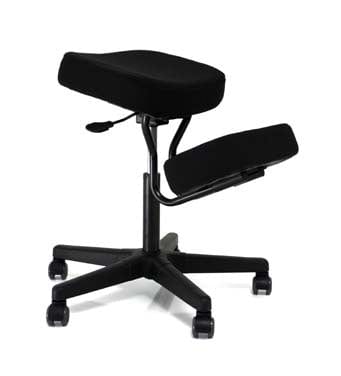 Black kneeling chair designed for ergonomic seating. The chair features a padded seat and knee rest for enhanced comfort, a black steel frame with a gas lift function for adjustable height, and casters for easy mobility. Ideal for promoting better posture and reducing back pain while working.