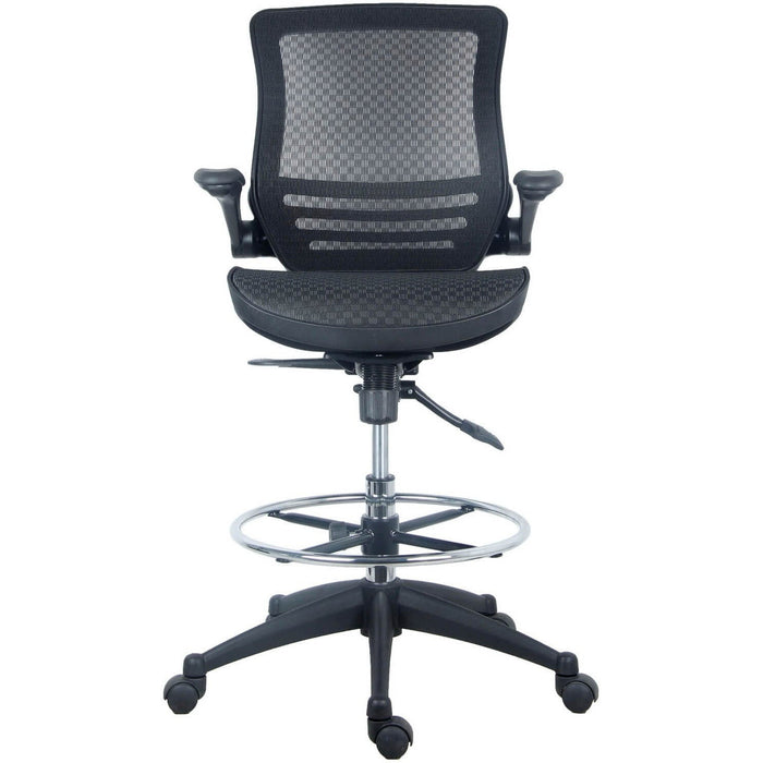 Front view of the Harwick Evolve All Mesh Heavy Duty Drafting Chair Dark Knight Edition. The chair features a breathable, all-mesh backrest with built-in lumbar support and a cushioned, contoured seat. It is equipped with adjustable armrests, a chrome foot ring, and a pneumatic height adjustment lever under the seat. The five-point, rolling caster base is designed for stability and ease of movement. The chair's overall color scheme is black, lending it a sleek and professional appearance.