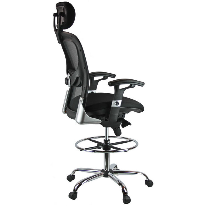 Harwick Deluxe Mesh Drafting Stool with Arms with headrest right side view