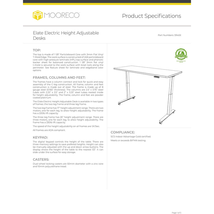 MooreCo Elate Electric Height Adjustable Desk (2-LEG)