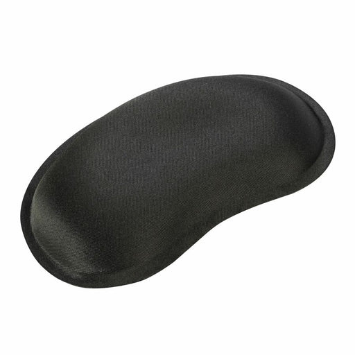 Ergonomic black wrist rest for keyboard, oval-shaped and made of memory foam.