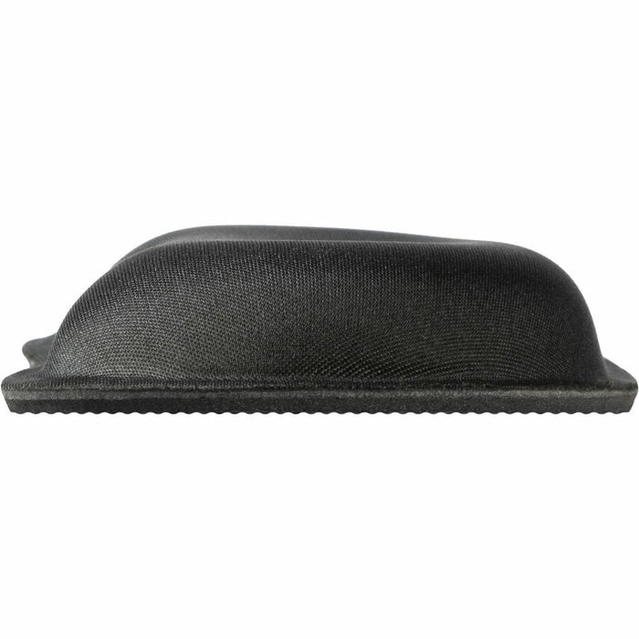 Ergonomic black wrist rest for keyboard, oval-shaped and made of memory foam. Side view