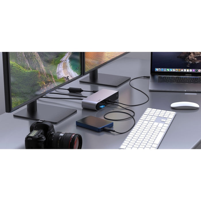 Belkin Thunderbolt 4 Laptop Docking Station - USB C Hub - USB C Docking Station for MacBook & Windows, 90W Power Delivery, Single 8K or Dual 4K Display, w/ Thunderbolt, HDMI, Ethernet, SD and Audio Ports Close Up View connected to a laptop and two screens.