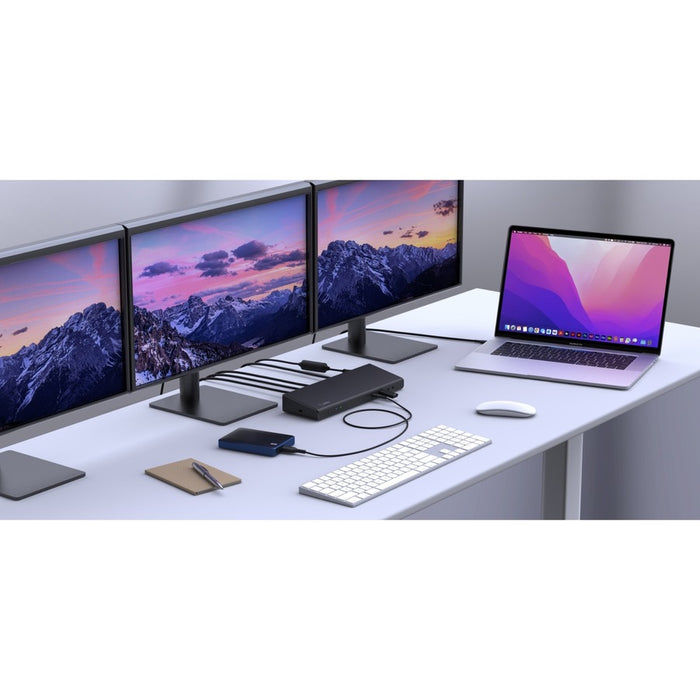 Belkin Triple Display DisplayLink Docking Station Hub with 3 HDMI Ports, 2 DisplayPorts for Triple 4K Display with 85W Power Delivery, Gigabit Ethernet, 3.5mm Mic/Speaker, 1 USB-C and 5 USB-A Ports view on desk connected to 3 monitors and one laptop