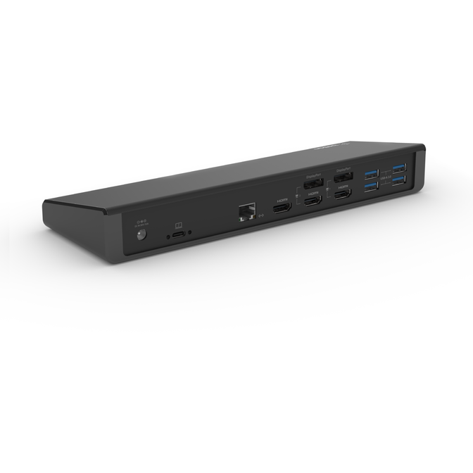 Belkin Triple Display DisplayLink Docking Station Hub with 3 HDMI Ports, 2 DisplayPorts for Triple 4K Display with 85W Power Delivery, Gigabit Ethernet, 3.5mm Mic/Speaker, 1 USB-C and 5 USB-A Ports back left view