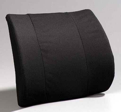 Black lumbar support cushion designed for enhanced back comfort. The cushion features a contoured shape for optimal spine alignment and is upholstered in durable black fabric. Ideal for improving posture and reducing back pain while sitting.