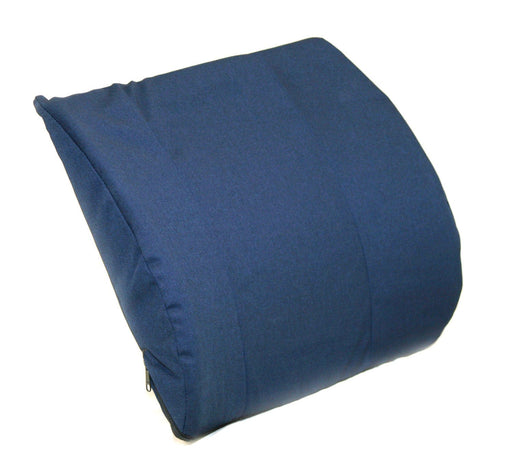 Blue lumbar support cushion designed for enhanced back comfort. The cushion features a contoured shape for optimal spine alignment and is upholstered in durable blue fabric. Ideal for improving posture and reducing back pain while sitting.
