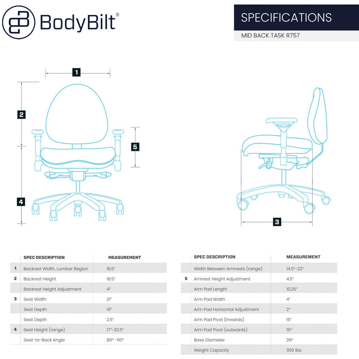 BodyBilt Classic 700 Mid-Back Task Chair Picture of Specifications