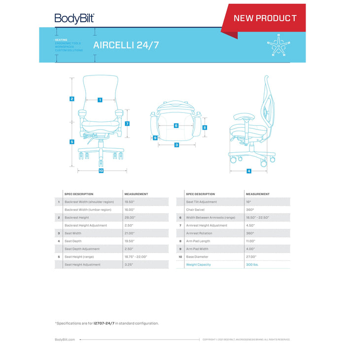 BodyBilt Aircelli 24/7 Ergonomic Chair specification Sheet