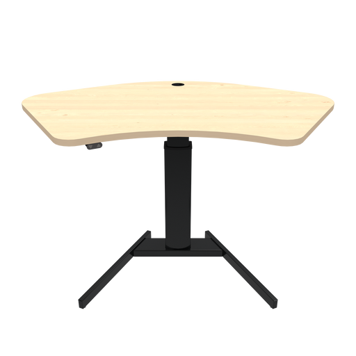 ConSet brand stand-up desk featuring a maple wood finish tabletop with an ergonomic curve design, supported by a single, sturdy black steel column and a T-shaped base.