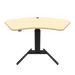 ConSet brand stand-up desk featuring a maple wood finish tabletop with an ergonomic curve design, supported by a single, sturdy black steel column and a T-shaped base.