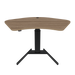 ConSet brand stand-up desk featuring a walnut wood finish tabletop with an ergonomic curve design, supported by a single, sturdy black steel column and a T-shaped base.