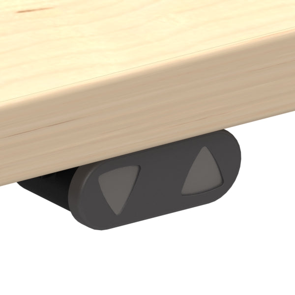 Close-up of the electronic height adjustment controls on a ConSet stand-up desk, showcasing a pair of triangular buttons on a sleek black interface for ergonomic table height customization.