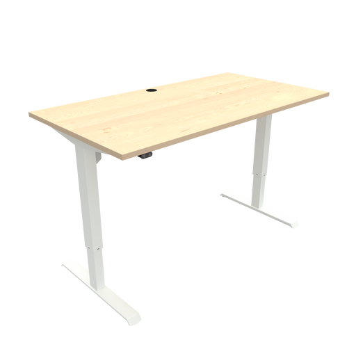 Image of a minimalist ergonomic standing desk with a light maple wood tabletop and a white frame, featuring a central cable management grommet.
