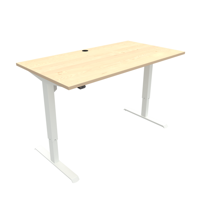 Image of a minimalist ergonomic standing desk with a light maple wood tabletop and a white frame, featuring a central cable management grommet.