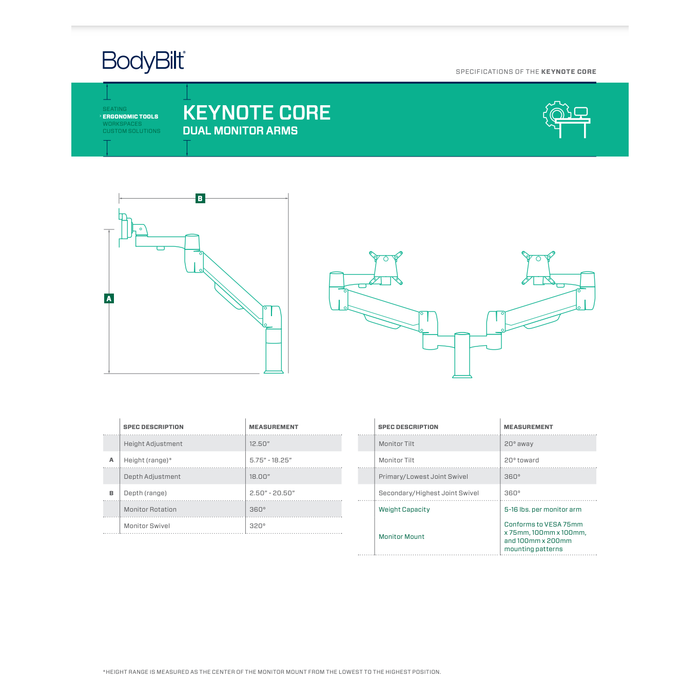 BodyBilt Keynote Core Dual Monitor Arms Specifications