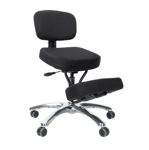 An ergonomic kneeling chair featuring a black seat, backrest, and knee cushion. The chair has a polished aluminum star base with five caster wheels for mobility. It includes gas height adjustment and a supportive design to encourage upright posture. The chair's structure is composed of a sturdy black steel frame with durable, high-quality fabric upholstery. The memory foam padding in the seat, backrest, and knee cushion ensures maximum comfort during extended use.