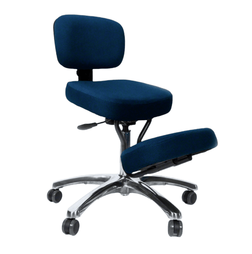  An ergonomic kneeling chair featuring a stylish blue seat, backrest, and knee cushion. The chair is equipped with a polished aluminum star base with five caster wheels for smooth mobility. The chair's structure consists of a robust steel frame, and the upholstery is made from high-quality, durable fabric. The seat, backrest, and knee cushion are padded with memory foam, providing exceptional comfort for extended use.