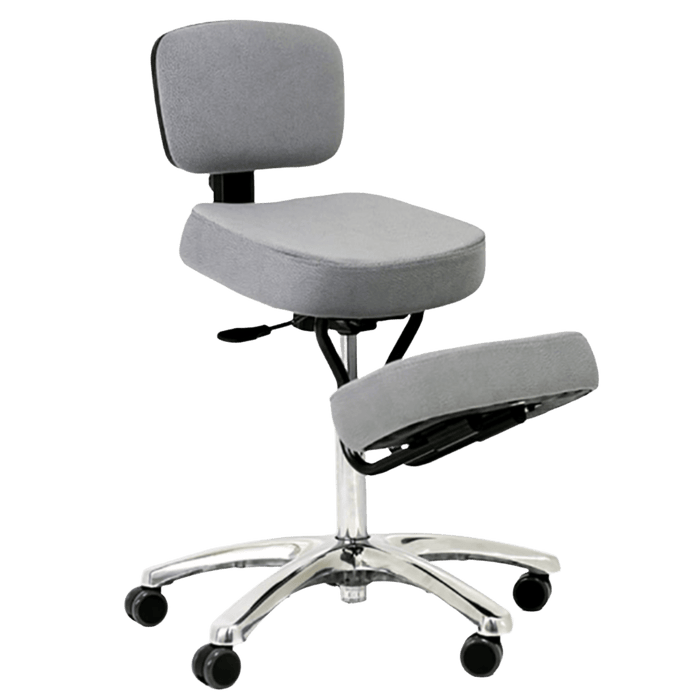 An ergonomic kneeling chair featuring a sleek grey seat, backrest, and knee cushion. The chair has a polished aluminum star base with five caster wheels for easy movement. It includes a gas height adjustment mechanism to customize the seating height and a supportive design that encourages proper posture. 