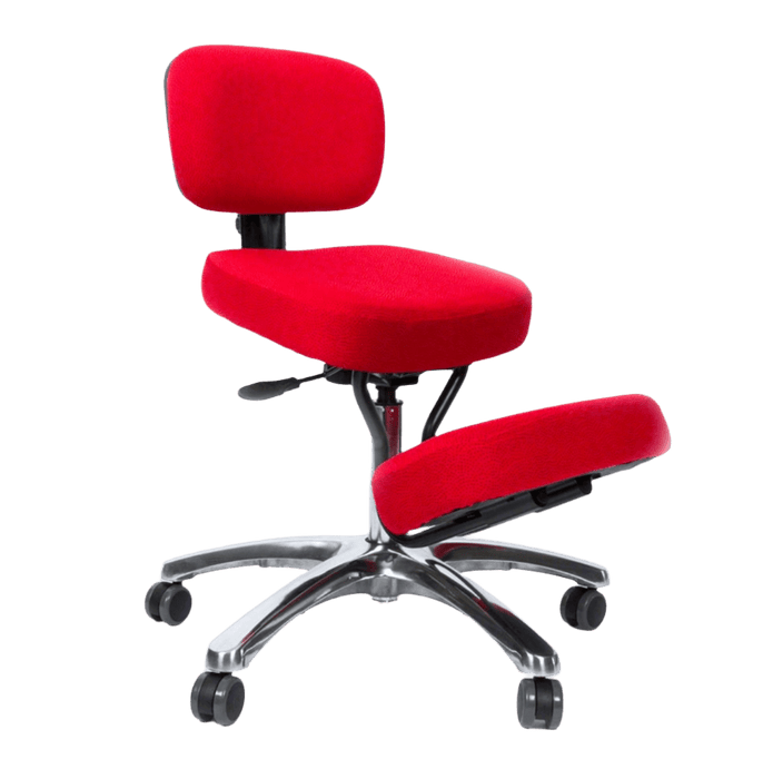 An ergonomic kneeling chair featuring a vibrant red seat, backrest, and knee cushion. The chair has a polished aluminum star base with five caster wheels for easy mobility. It includes a gas height adjustment mechanism for customizable seating height and a supportive design that promotes upright posture. 