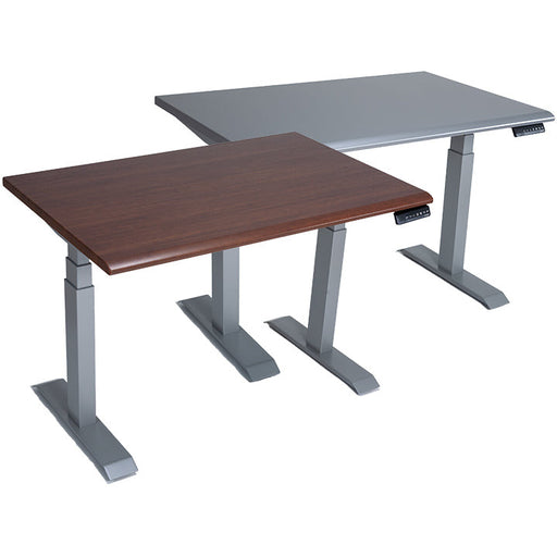 BodyBilt® Height-Adjustable Table – Series 2 Two Desks Two height-adjustable desks, one with a dark walnut wood finish and the other with a sleek grey surface, both featuring modern silver metal frames and equipped with digital control panels for ergonomic positioning.