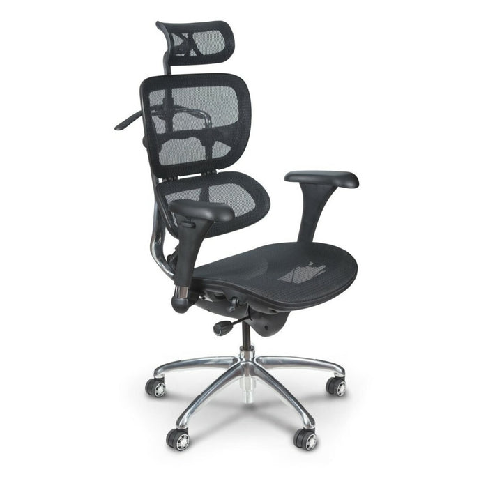 An ergonomic office chair with a sleek design. The chair features a black mesh backrest and seat, with adjustable headrest, lumbar support, and armrests. It has a chrome base with five caster wheels for easy mobility.