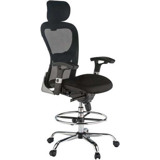 Harwick Deluxe Mesh Drafting Stool with Arms with headrest left front facing