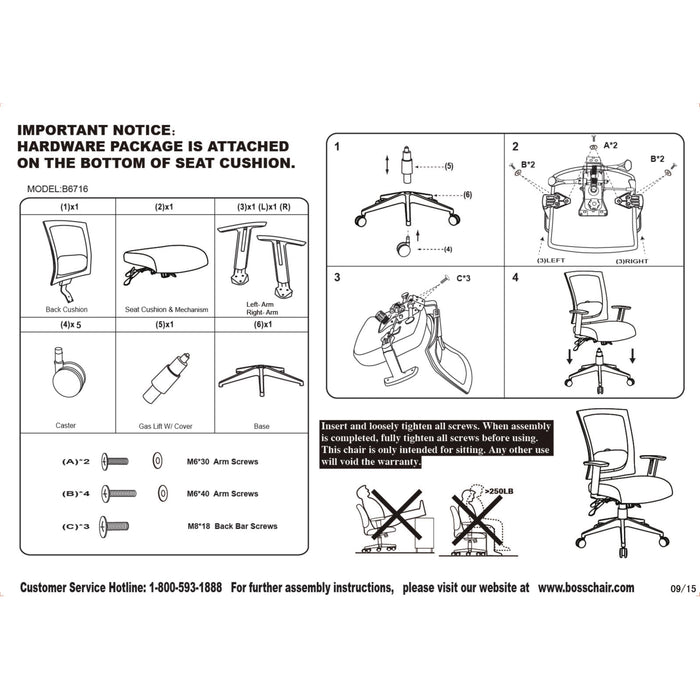 Boss Mesh Back 3 Paddle Task Chair with Seat Slider package contents